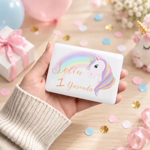 Kişiye Özel Pastel Unicorn Gökkuşaklı Doğum Günü Magneti - 10 Adet