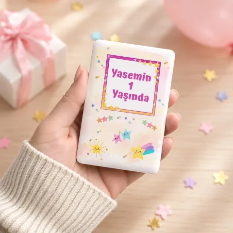Kişiye Özel Pembe Çerçeveli Yıldızlı Dikey Doğum Günü Magneti - 10 Adet