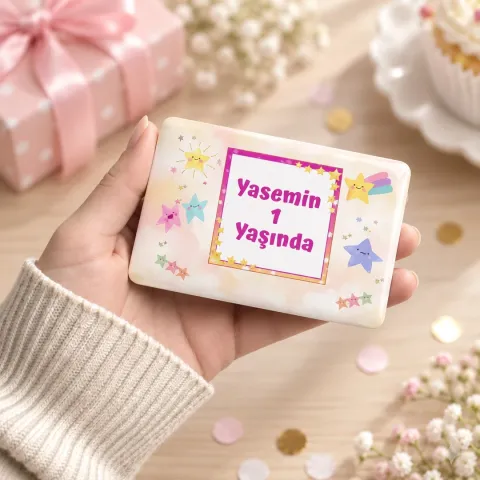 Kişiye Özel Pembe Çerçeveli Yıldızlı Yatay Doğum Günü Magneti - 10 Adet