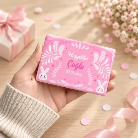 Kişiye Özel Pembe Tavşanlı Dantel Desenli Hoş Geldin Bebek Magneti - 10 Adet