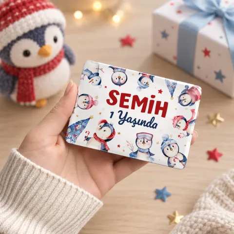 Kişiye Özel Penguenli Kış Temalı Yatay Doğum Günü Magneti - 10 Adet