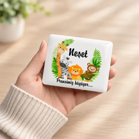 Kişiye Özel Safari Hayvanlı Beyaz İsimli Bebek Hatıra Magneti - 10 Adet