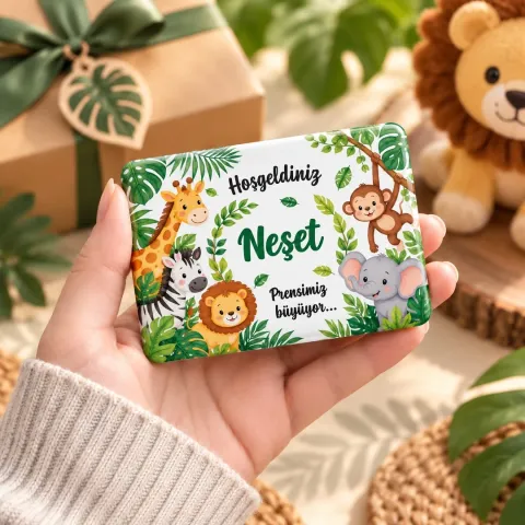 Kişiye Özel Safari Hayvanlı Yeşil Hoş Geldin Bebek Magneti - 10 Adet