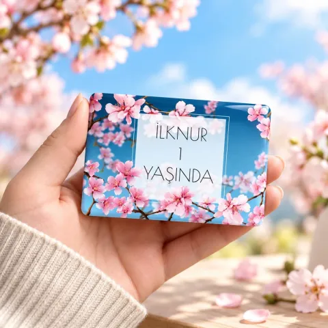 Kişiye Özel Sakura Çiçekli Mavi Doğum Günü Magneti - 10 Adet