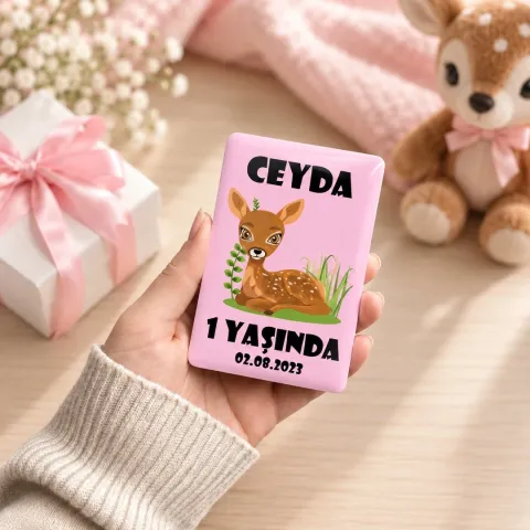 Kişiye Özel Sevimli Geyikli Çiçekli Doğum Günü Magneti - 10 Adet