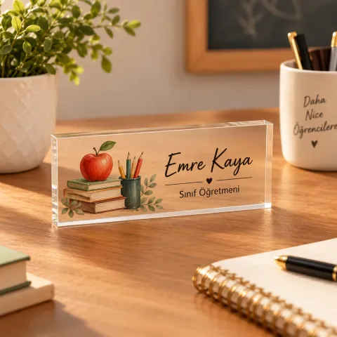 Kişiye Özel Sınıf Öğretmeni Akrilik Masa İsimliği – Elma ve Kalemlik