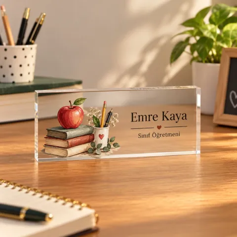 Kişiye Özel Sınıf Öğretmeni Akrilik Masa İsimliği – Elma ve Kitaplar