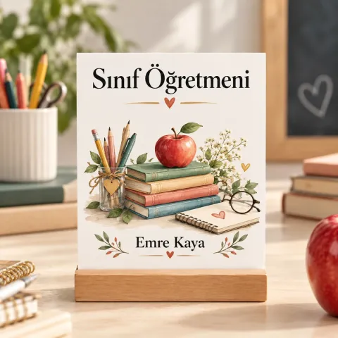 Kişiye Özel Sınıf Öğretmeni Pleksi Masa Üstü Tablo – Elma ve Kitaplar