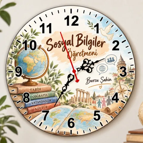 Kişiye Özel Sosyal Bilgiler Öğretmeni Duvar Saati – Harita ve Antik Yapılar