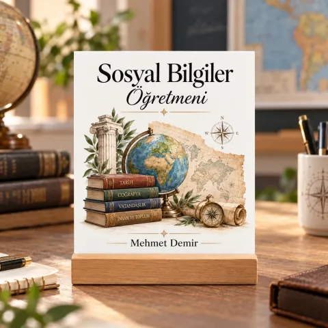 Kişiye Özel Sosyal Bilgiler Öğretmeni Pleksi Masa Üstü Tablo – Küre ve Harita