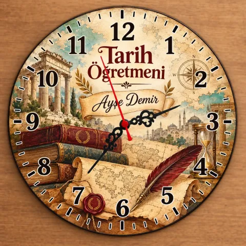 Kişiye Özel Tarih Öğretmeni Duvar Saati – Antik Harita ve Kum Saati
