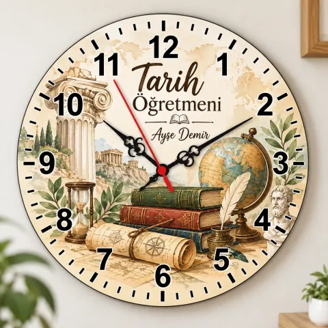 Kişiye Özel Tarih Öğretmeni Duvar Saati – Antik Sütun ve Tüy Kalem