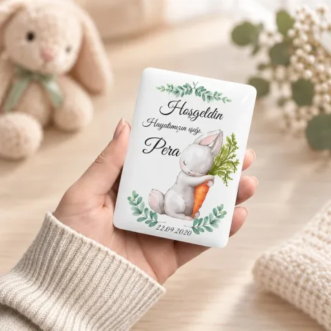 Kişiye Özel Tavşanlı Havuçlu Dikey Hoş Geldin Bebek Magneti - 10 Adet