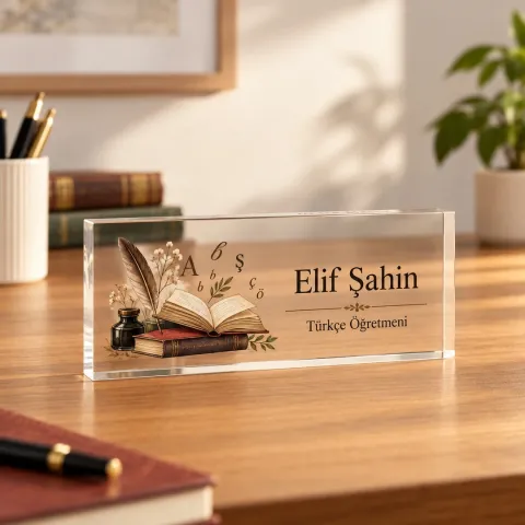 Kişiye Özel Türkçe Öğretmeni Akrilik Masa İsimliği – Açık Kitap ve Tüy Kalem