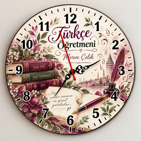 Kişiye Özel Türkçe Öğretmeni Duvar Saati – Galata Kulesi ve Kitap