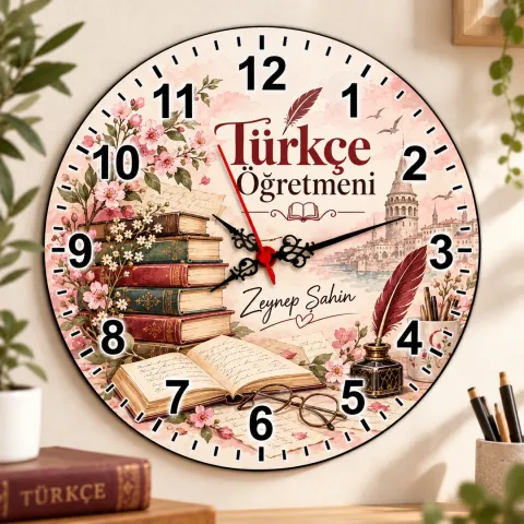 Kişiye Özel Türkçe Öğretmeni Duvar Saati – Tüy Kalem ve Pembe Çiçek