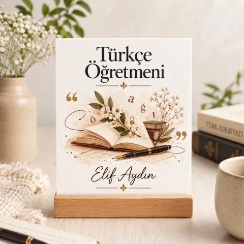 Kişiye Özel Türkçe Öğretmeni Pleksi Masa Üstü Tablo – Açık Kitap ve Çiçekler