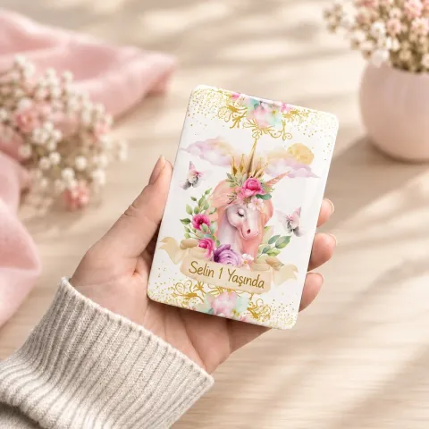 Kişiye Özel Unicorn Altın Çiçekli Dikey Doğum Günü Magneti - 10 Adet