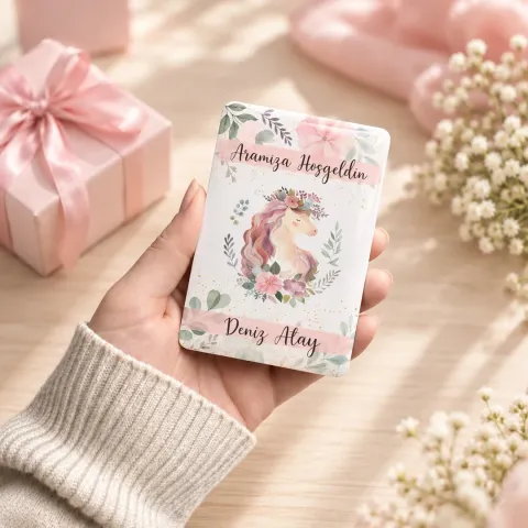 Kişiye Özel Unicorn Çiçek Çelenkli Hoş Geldin Bebek Magneti - 10 Adet