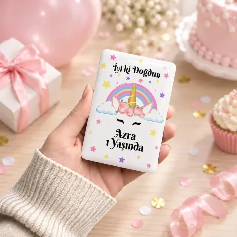 Kişiye Özel Unicorn Gökkuşaklı Minimal Dikey Doğum Günü Magneti - 10 Adet