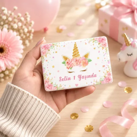 Kişiye Özel Unicorn Pembe Çiçekli Yatay Doğum Günü Magneti - 10 Adet