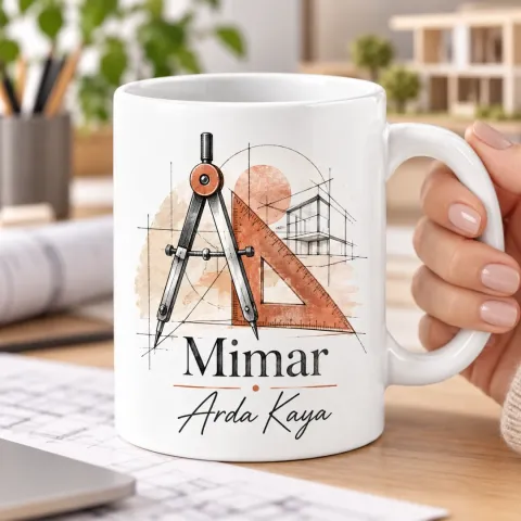 Mimarlara Özel Pergel ve Cetvel Çizimli Kupa Bardak