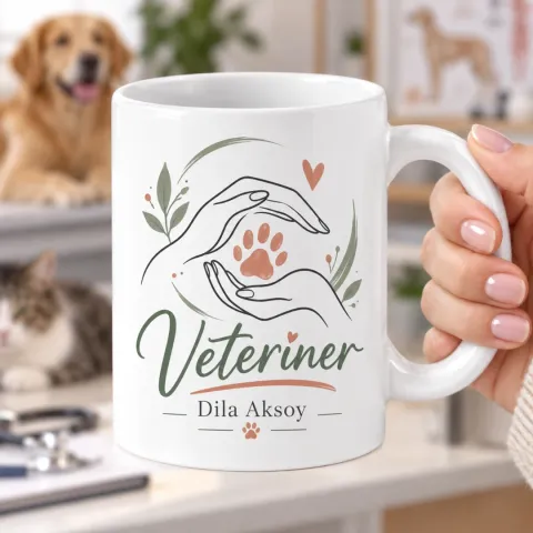 Veterinerlere Özel İki El ve Pati Motifli Kupa Bardak