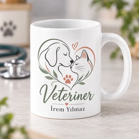 Veterinerlere Özel Kalp İçinde Köpek ve Kedi Çizimli Kupa Bardak